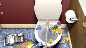 Screenshot of game, standing peeing inside toilet POV