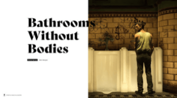 Magazine cover titled Bathroom Without Bodies, man standing at urinal