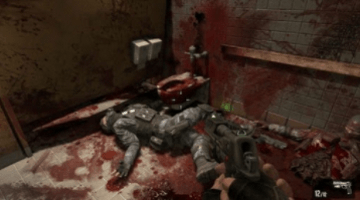 bloody videogame murder scene at toilet